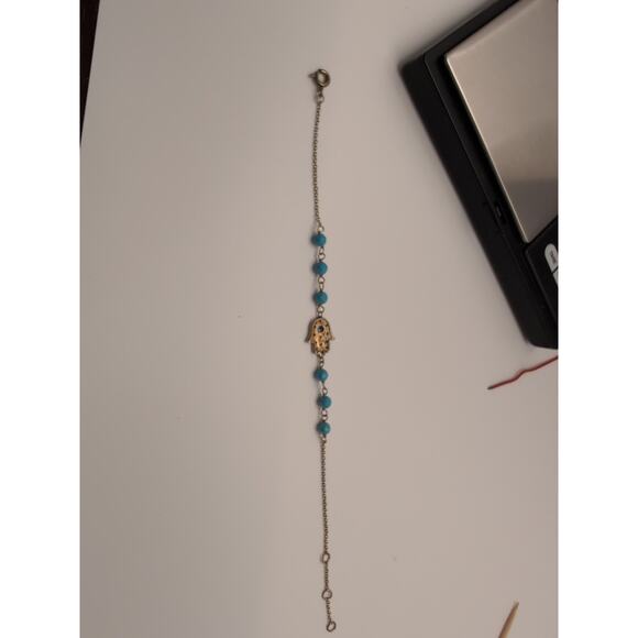 925 Vtg Hamas Hand Of Fatimata Evil Eye Blue beveled Beads Goldtone bracelet - Picture 4 of 11